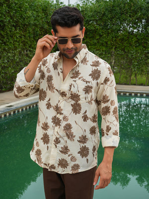 Cream & Brown Printed Slim Fit Linen Cotton Cotton Shirt