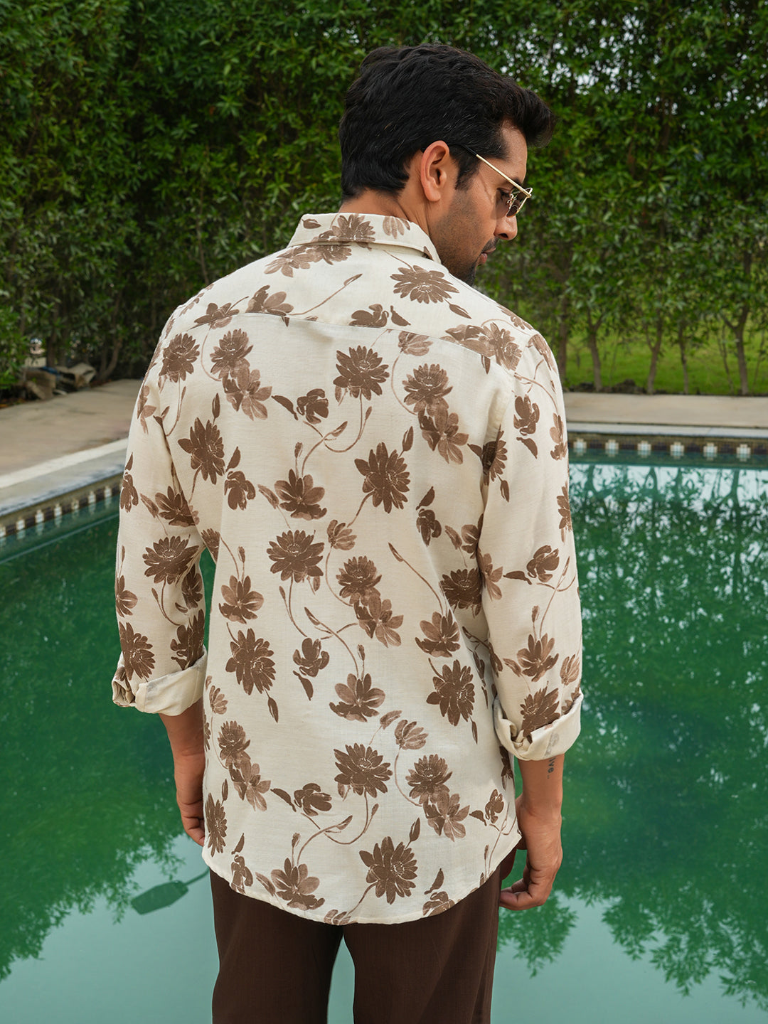 Cream & Brown Printed Slim Fit Linen Cotton Cotton Shirt