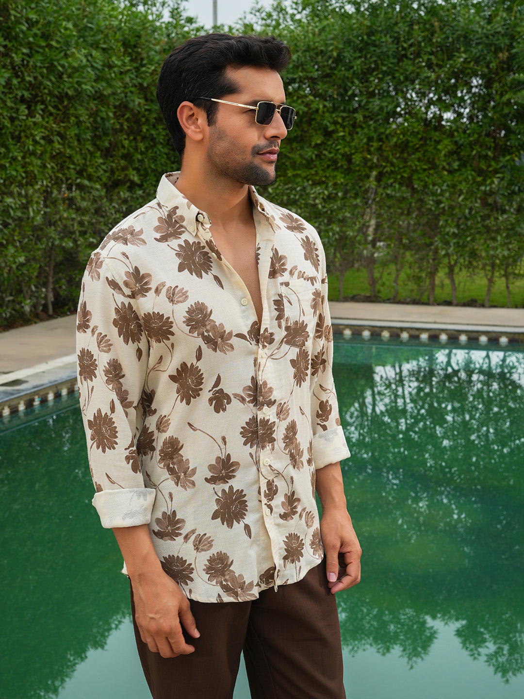 Cream & Brown Printed Slim Fit Linen Cotton Cotton Shirt