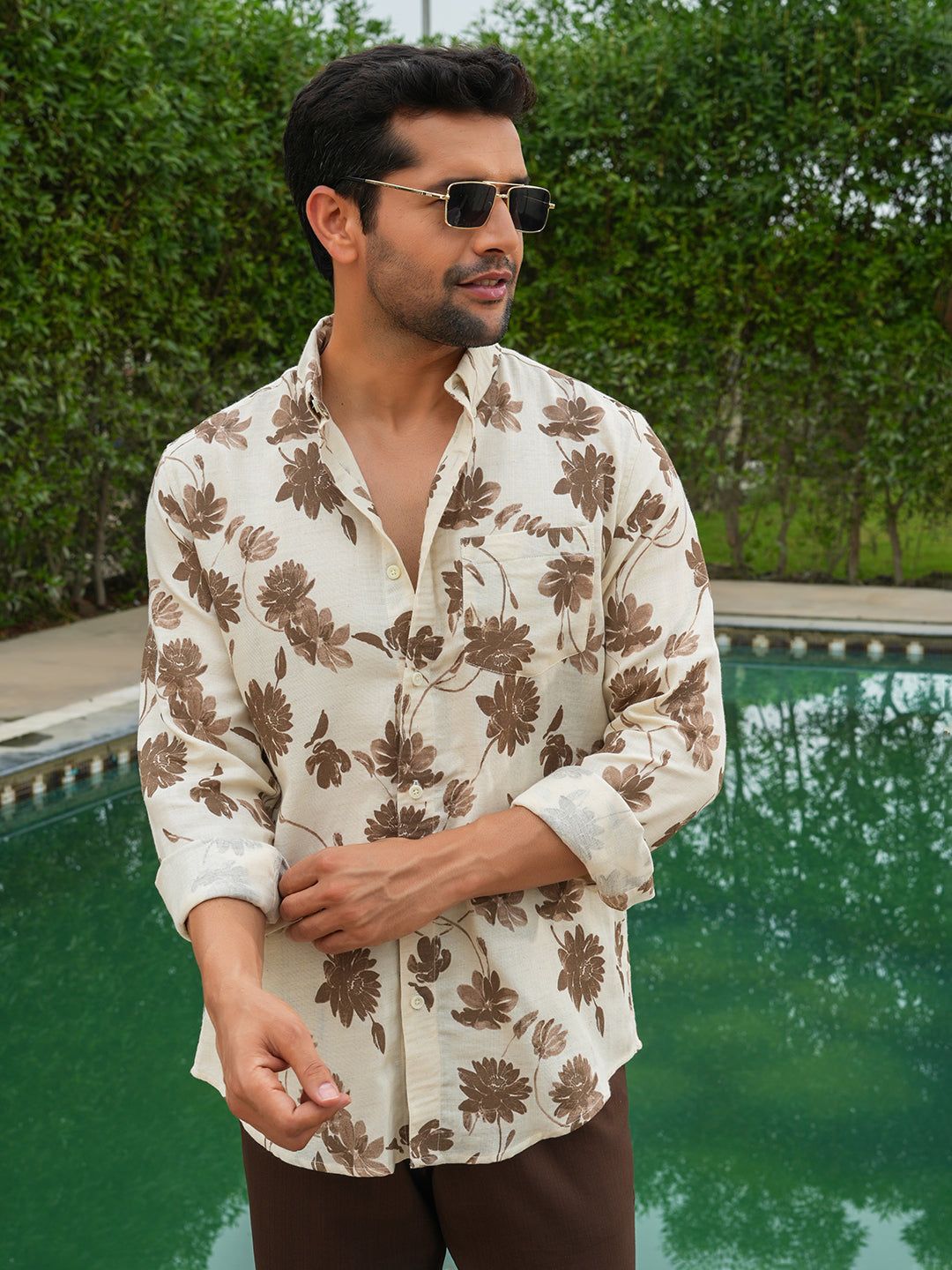 Cream & Brown Printed Slim Fit Linen Cotton Cotton Shirt