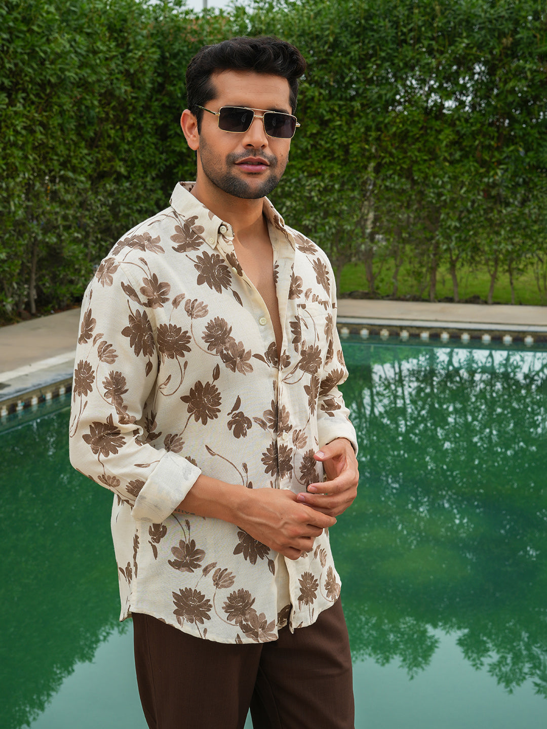 Cream & Brown Printed Slim Fit Linen Cotton Cotton Shirt