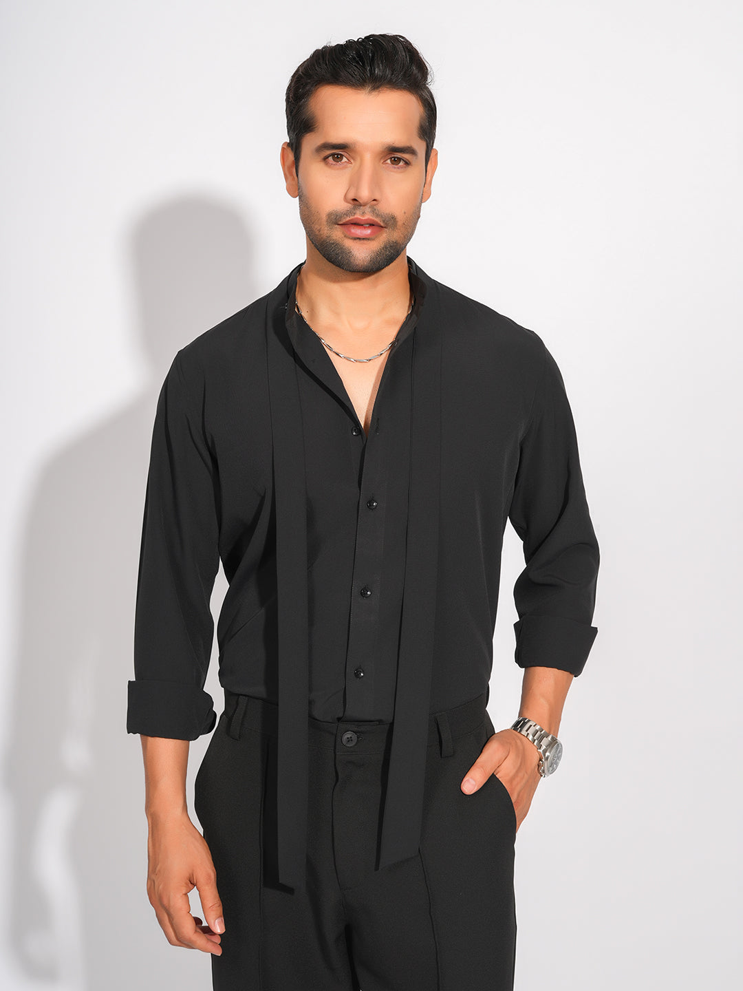 Black Solid Party Wear Slim Fit Shirt With Tie