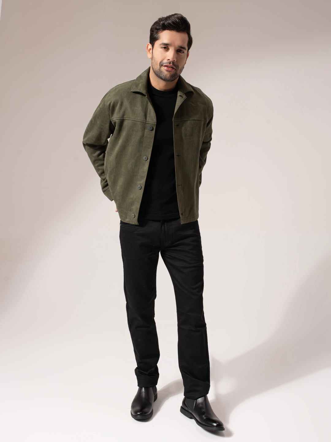 Olive Green Seude Solid Jacket