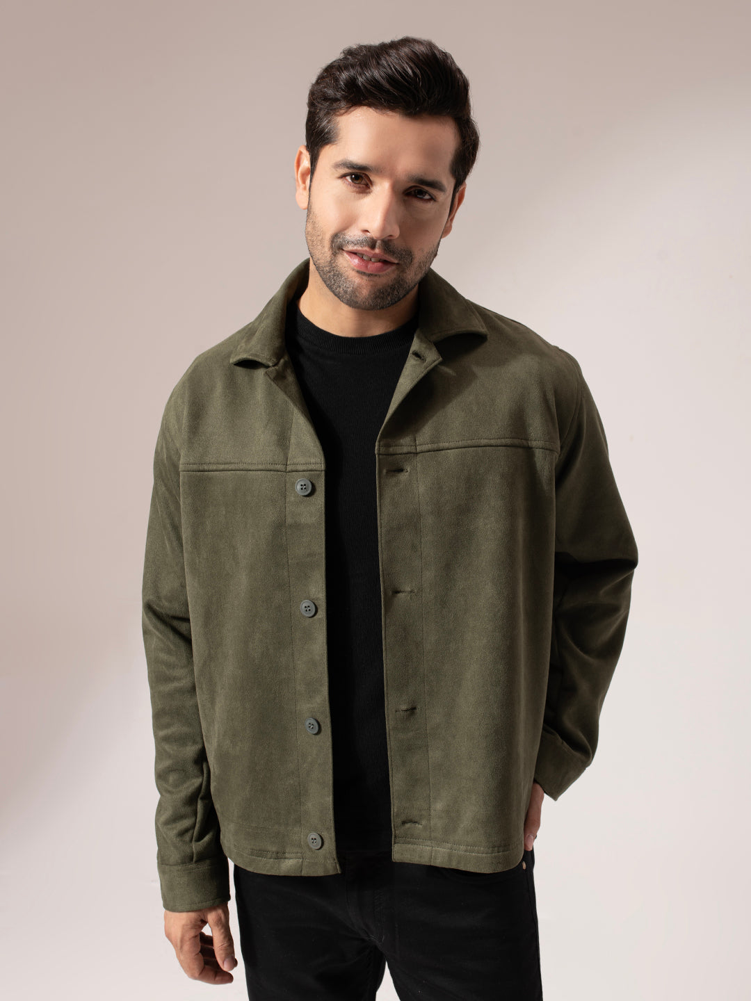 Olive Green Seude Solid Jacket