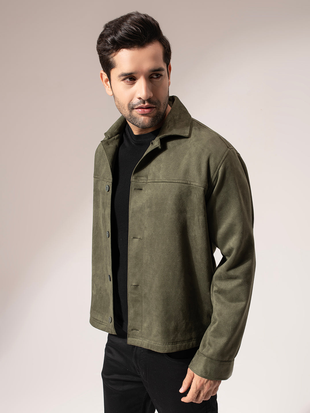 Olive Green Seude Solid Jacket