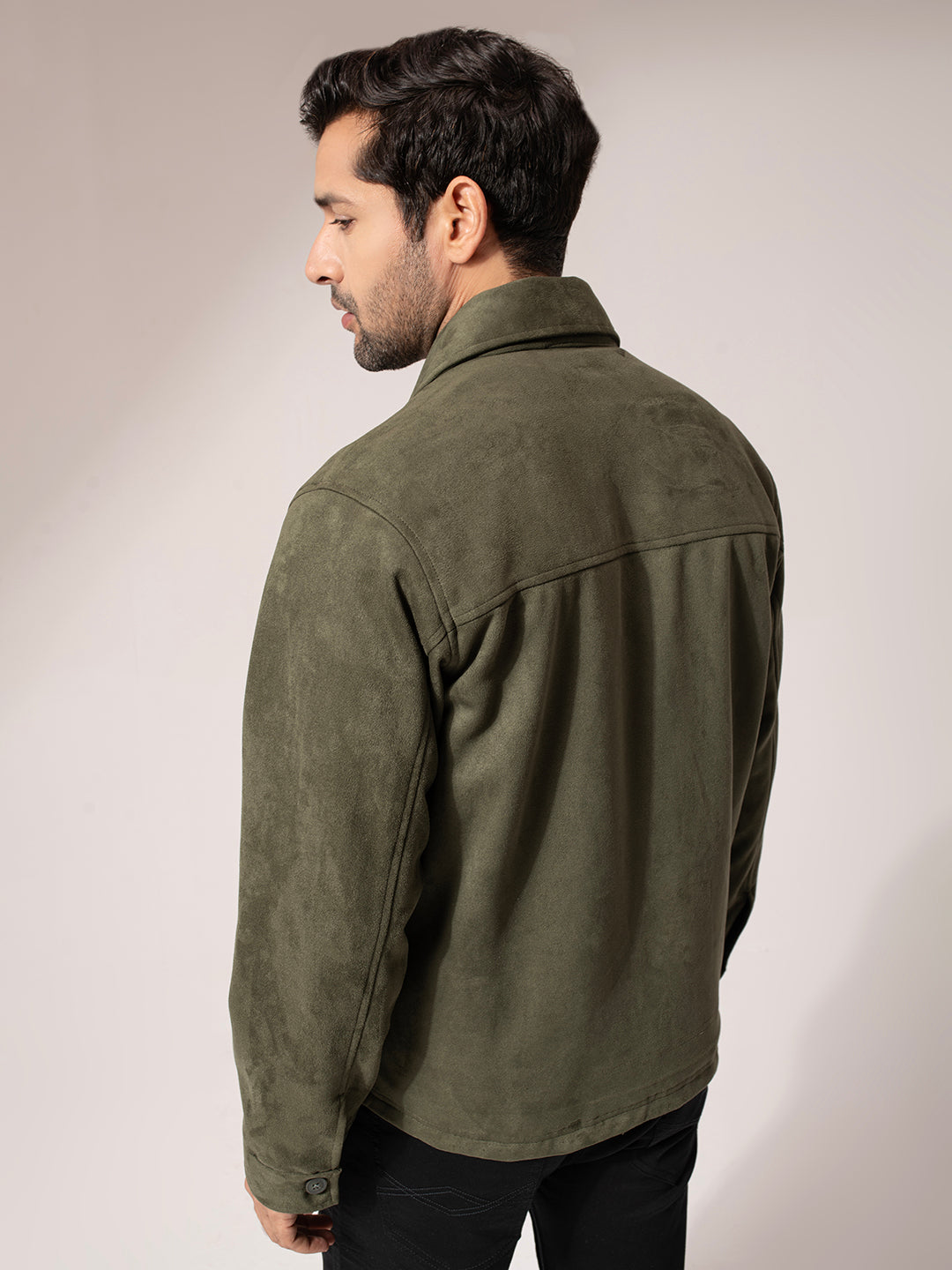 Olive Green Seude Solid Jacket