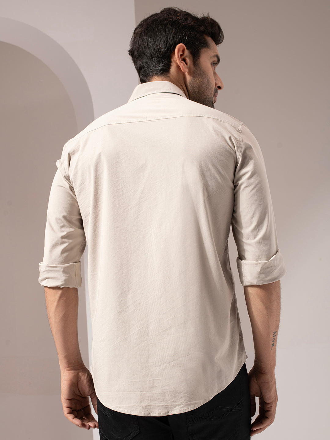 Beige Solid Cotton Shirt