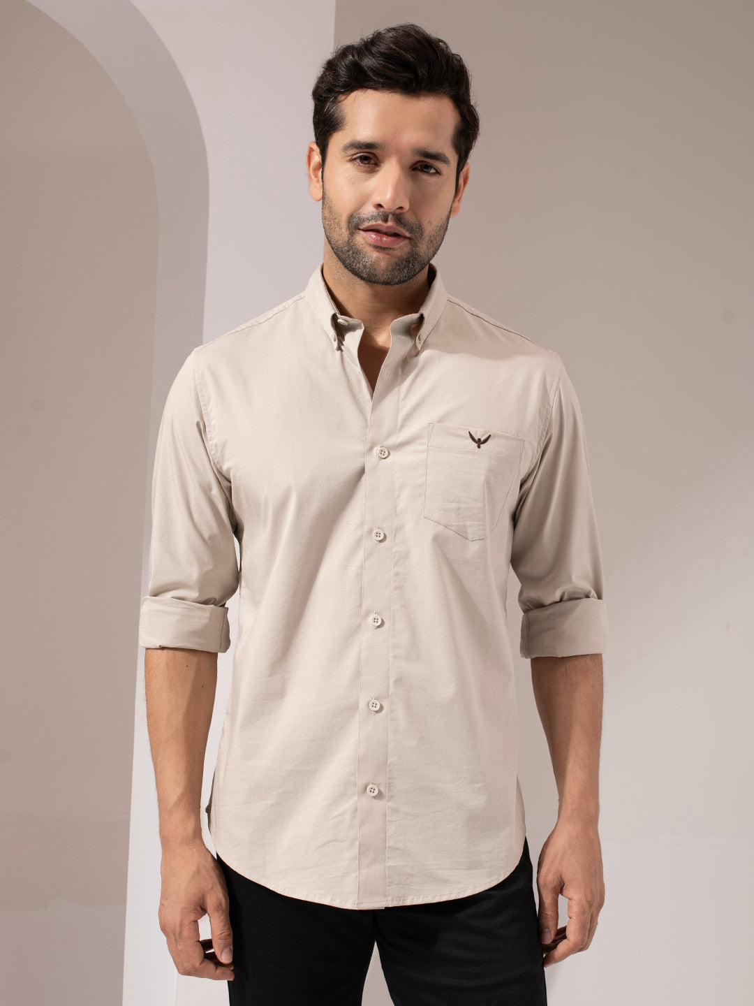 Beige Solid Cotton Shirt