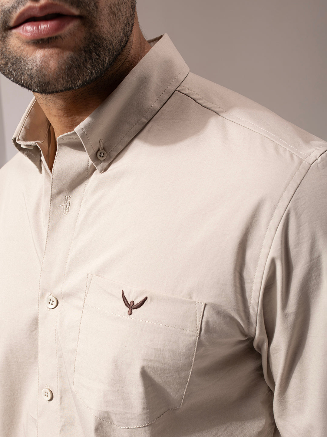 Beige Solid Cotton Shirt