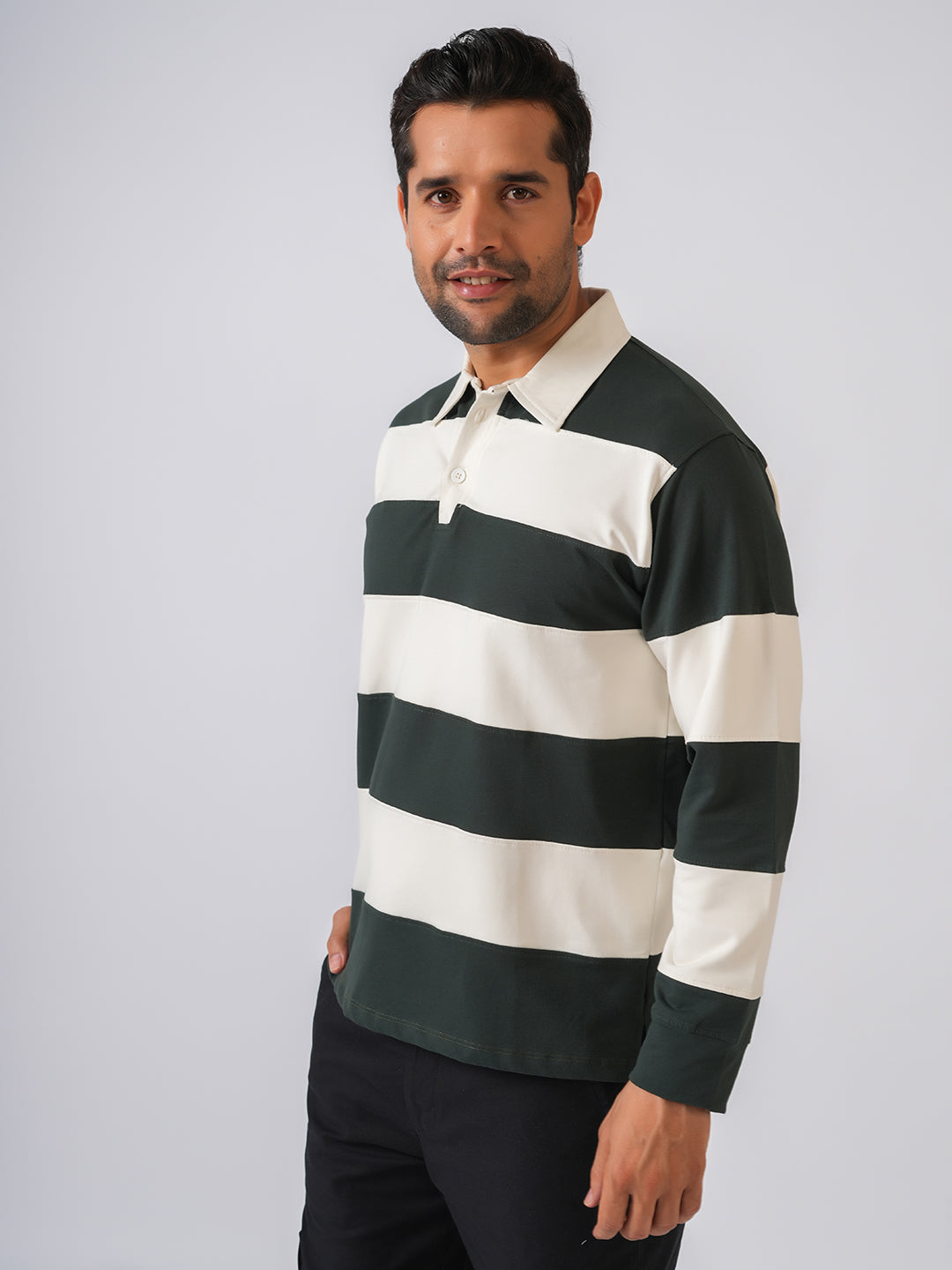 Bottle Green Striped Polo Collar Tshirt