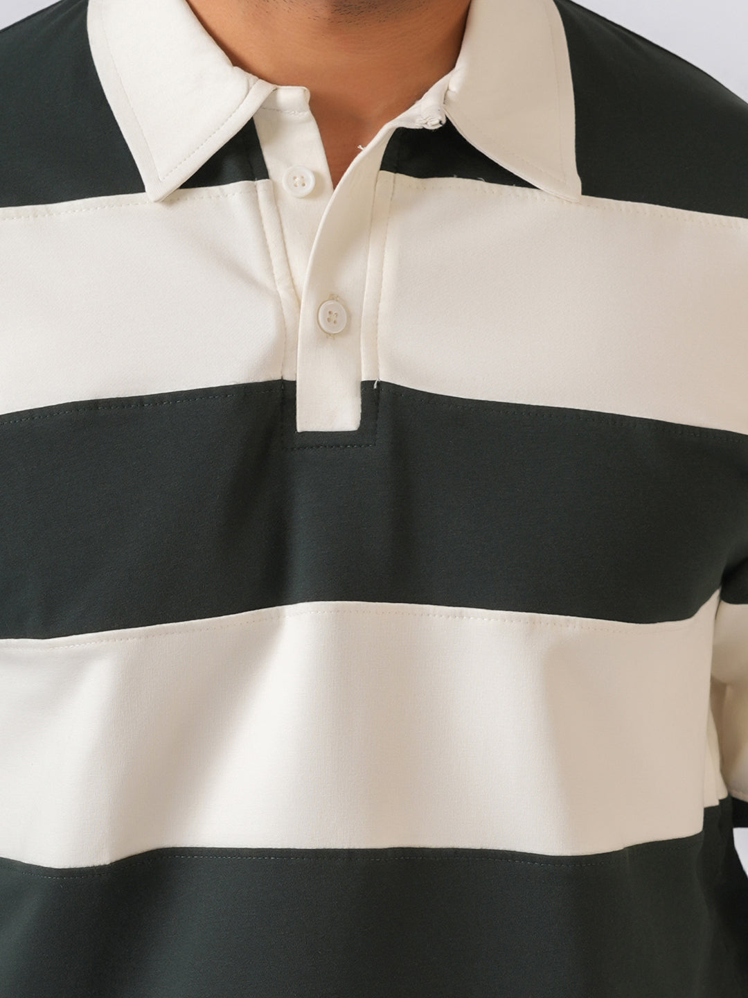 Bottle Green Striped Polo Collar Tshirt