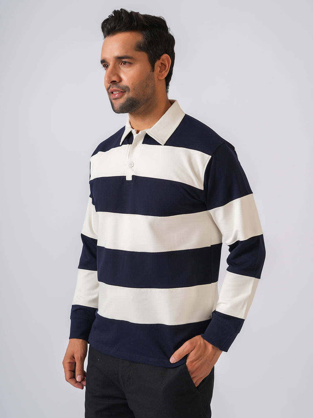 Navy Blue Striped Polo Collar Tshirt