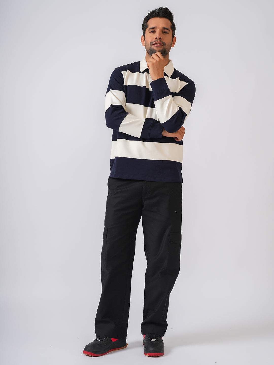 Navy Blue Striped Polo Collar Tshirt