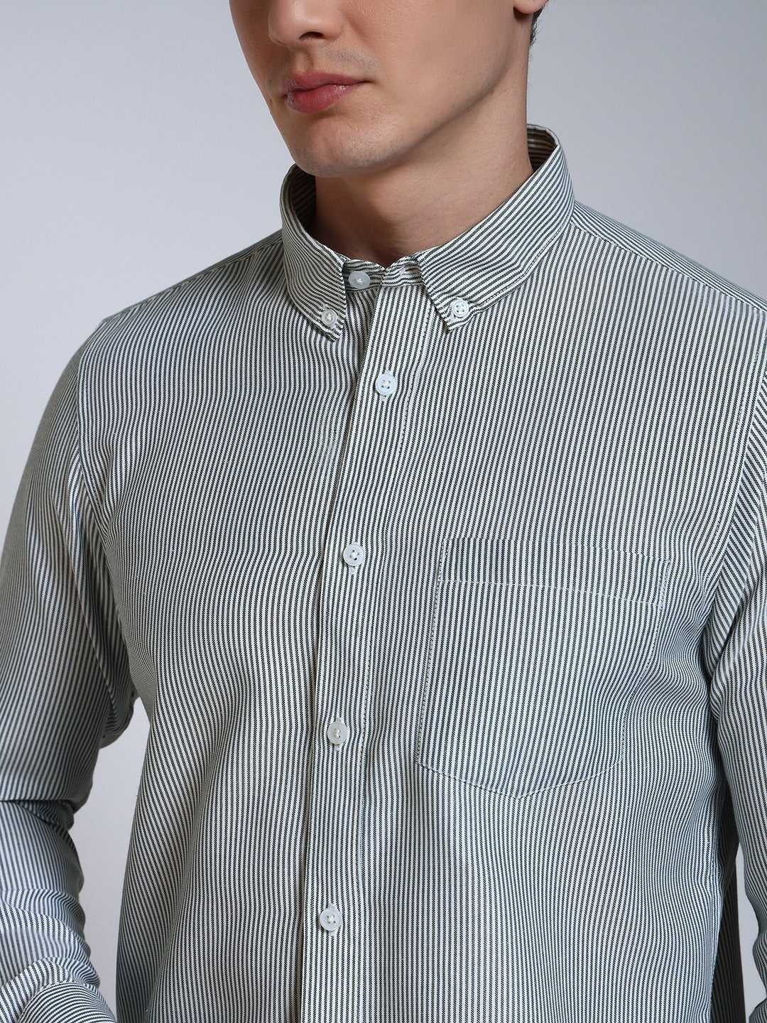 Bottle Green Striped Slim Fit Cotton Shirt