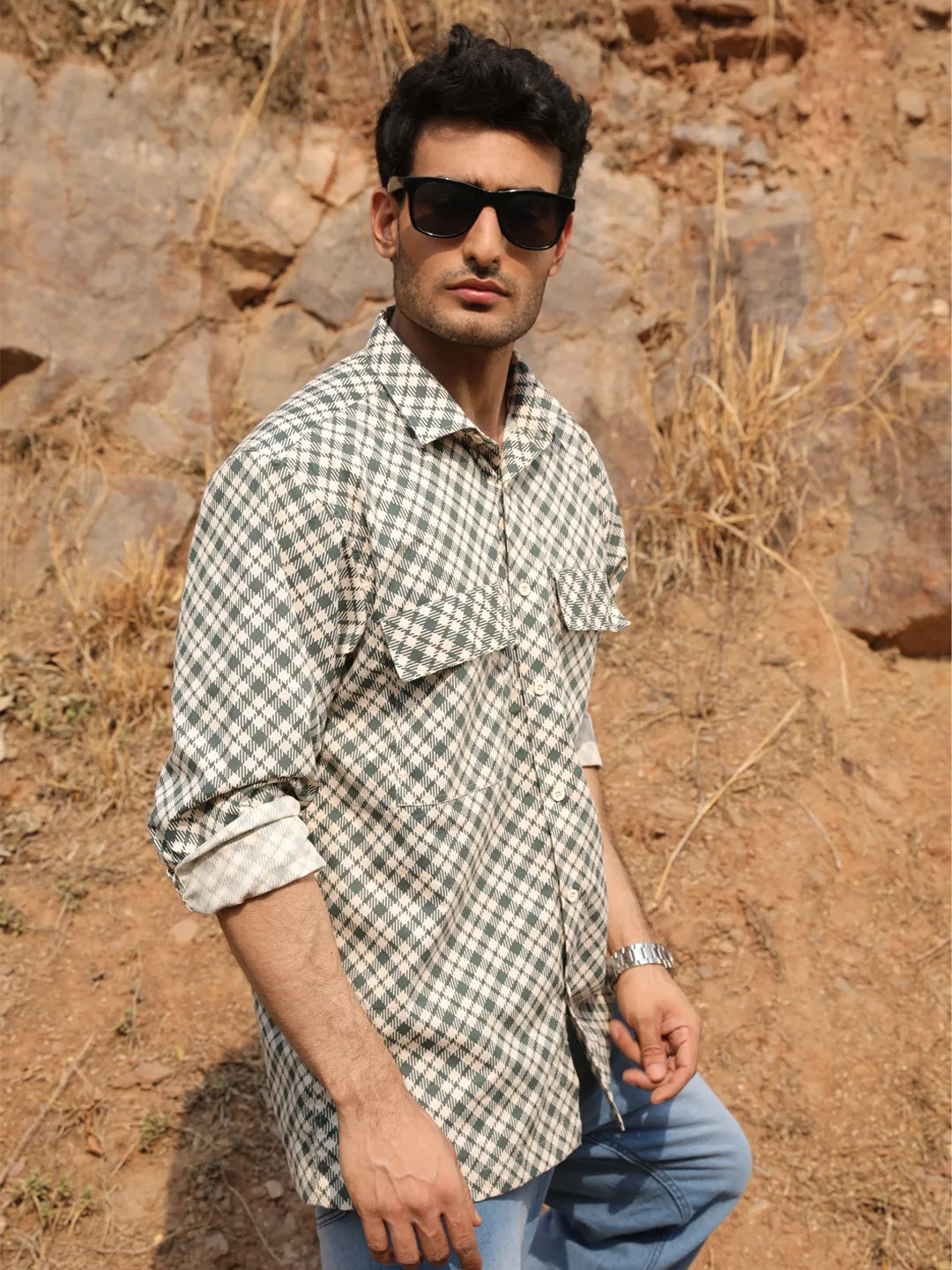 Cream & Green Checks Box Fit Shirt