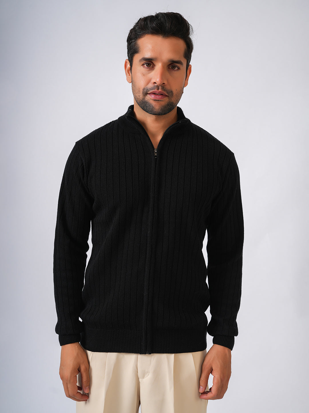 Black Solid Ribbed Full Zipper Pullover-Sweater