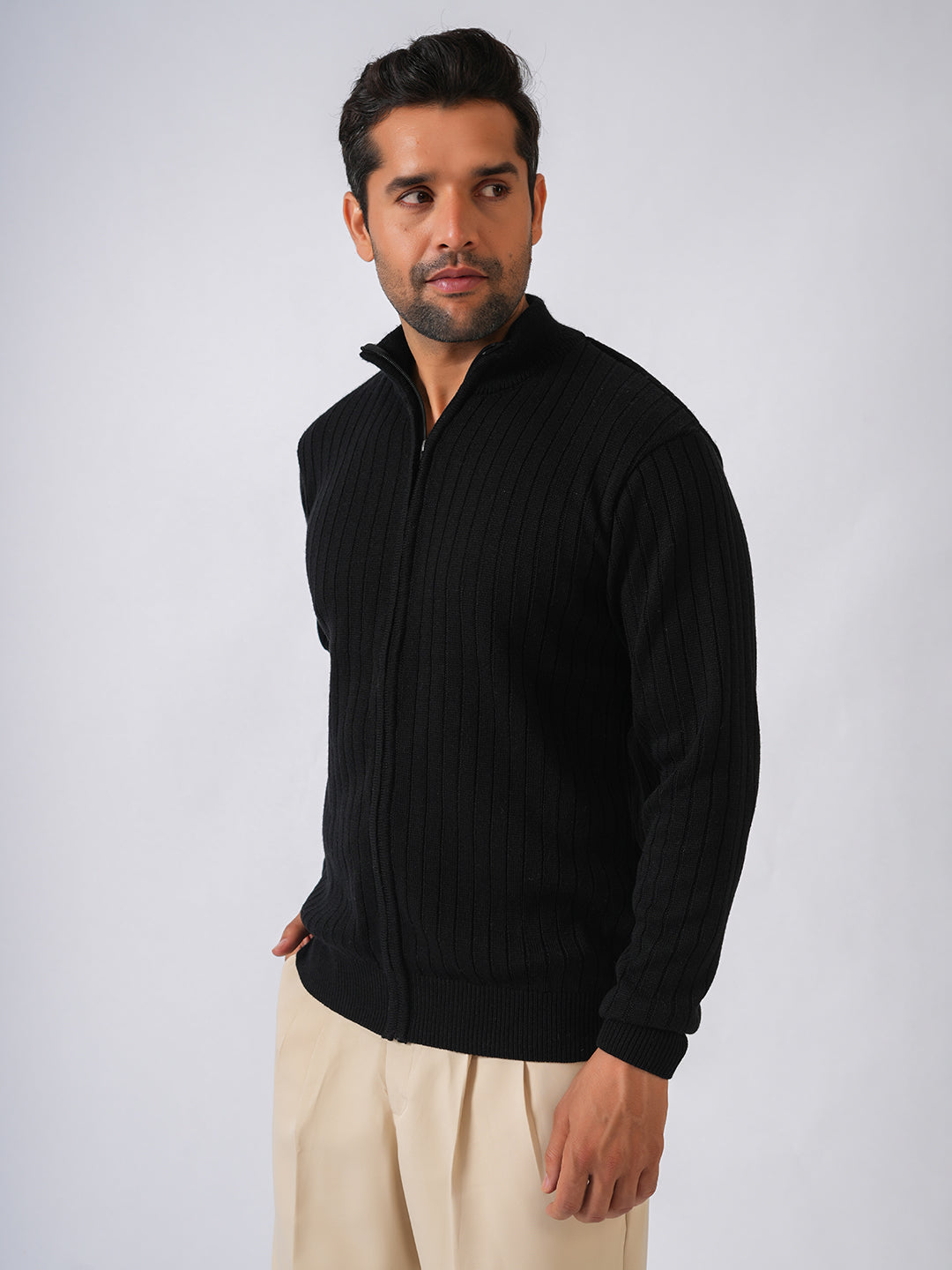 Black Solid Ribbed Full Zipper Pullover-Sweater