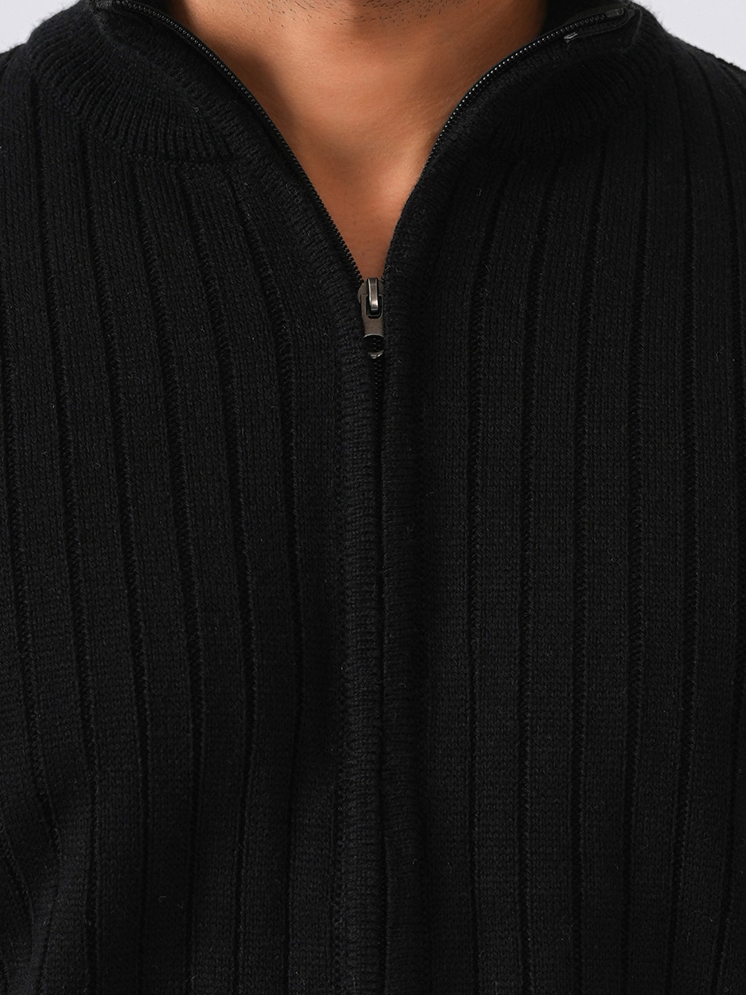 Black Solid Ribbed Full Zipper Pullover-Sweater