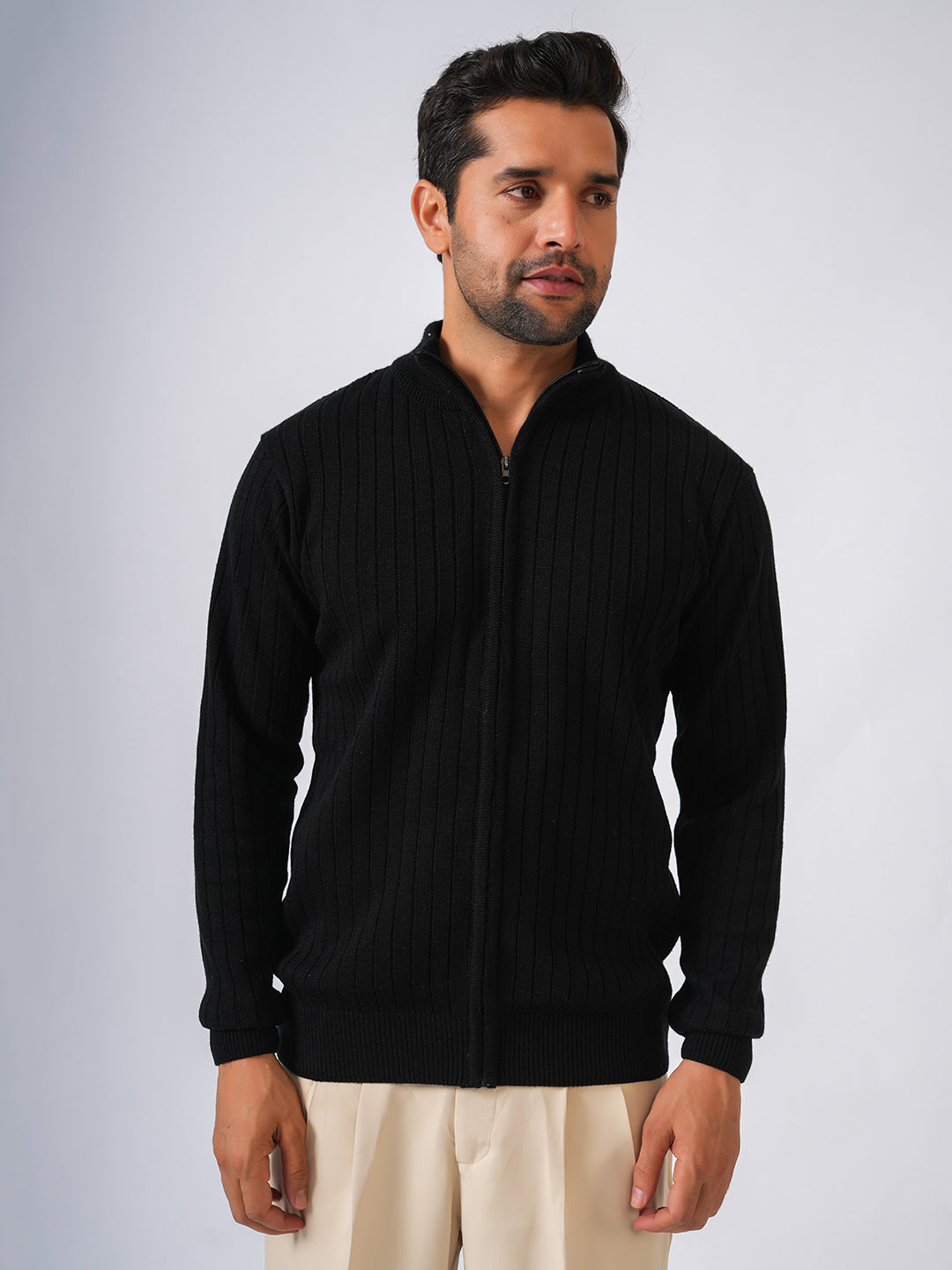 Black Solid Ribbed Full Zipper Pullover-Sweater