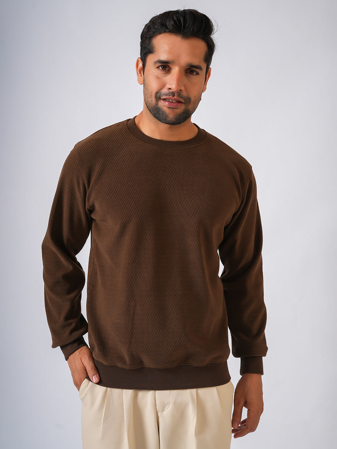 Brown Solid textured Sweat Knit Pullover-Sweater