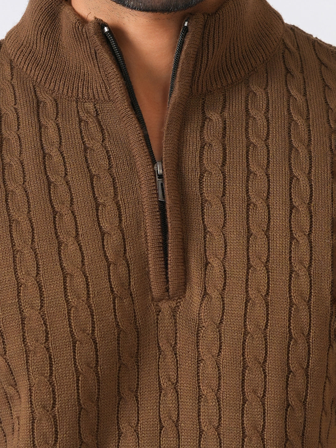 Brown Solid Ribbed Zip-Top Pullover-Sweater