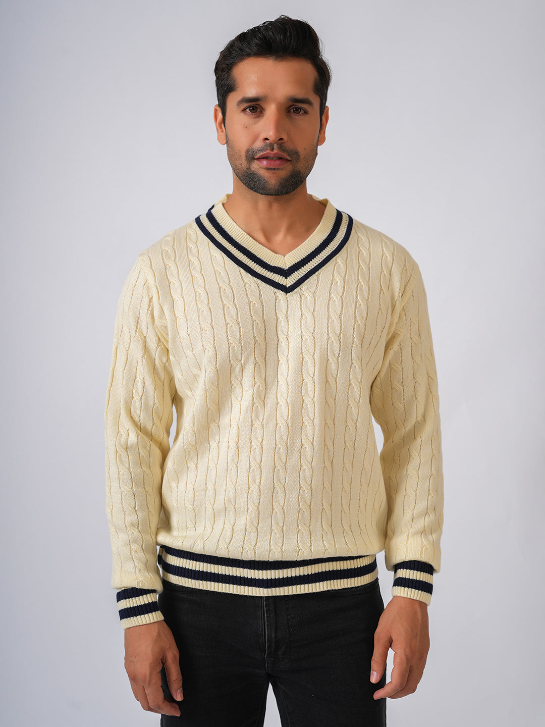 Cream Solid Cable Knit Cricket style Pullover-Sweater