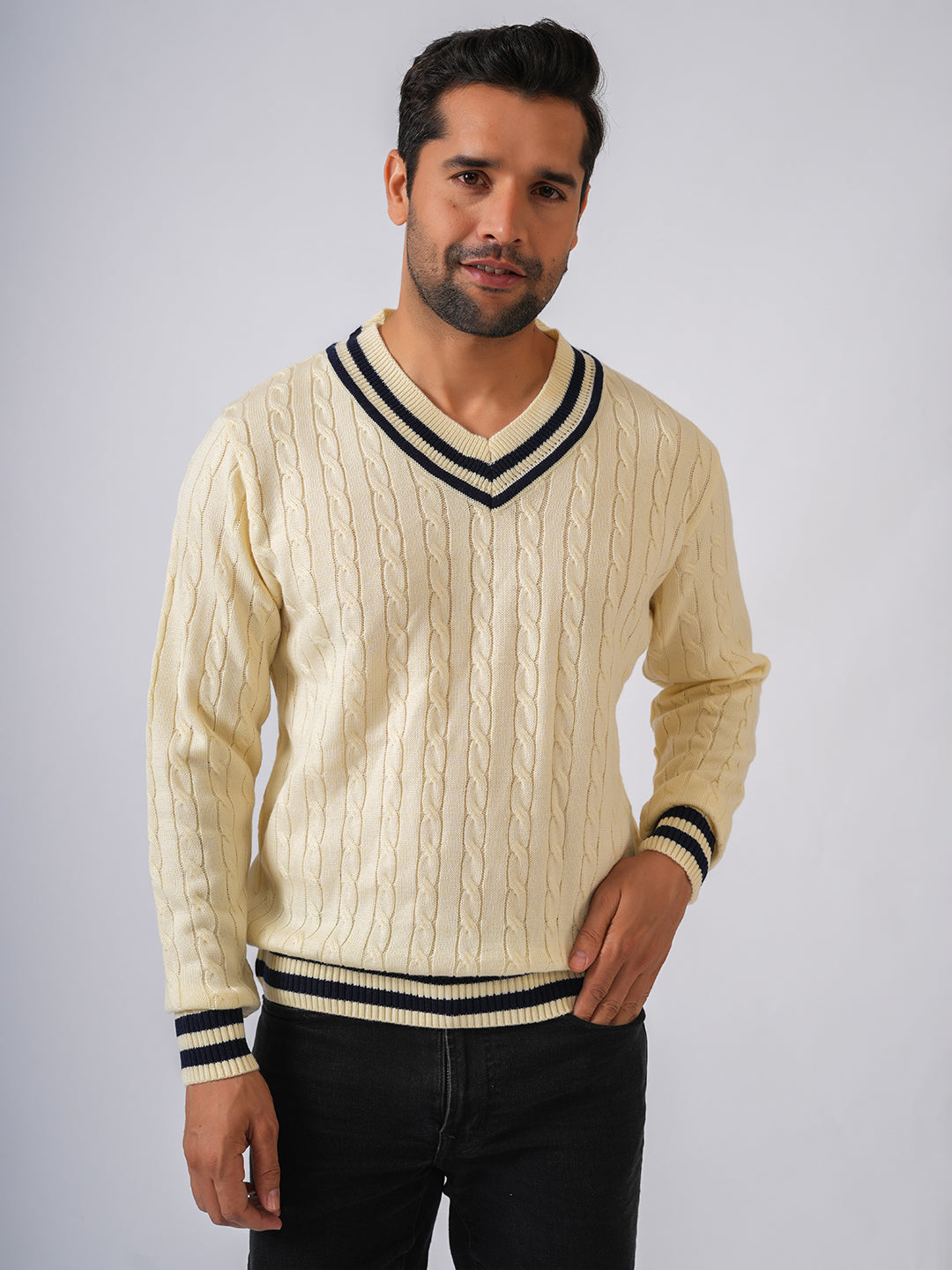 Cream Solid Cable Knit Cricket style Pullover-Sweater