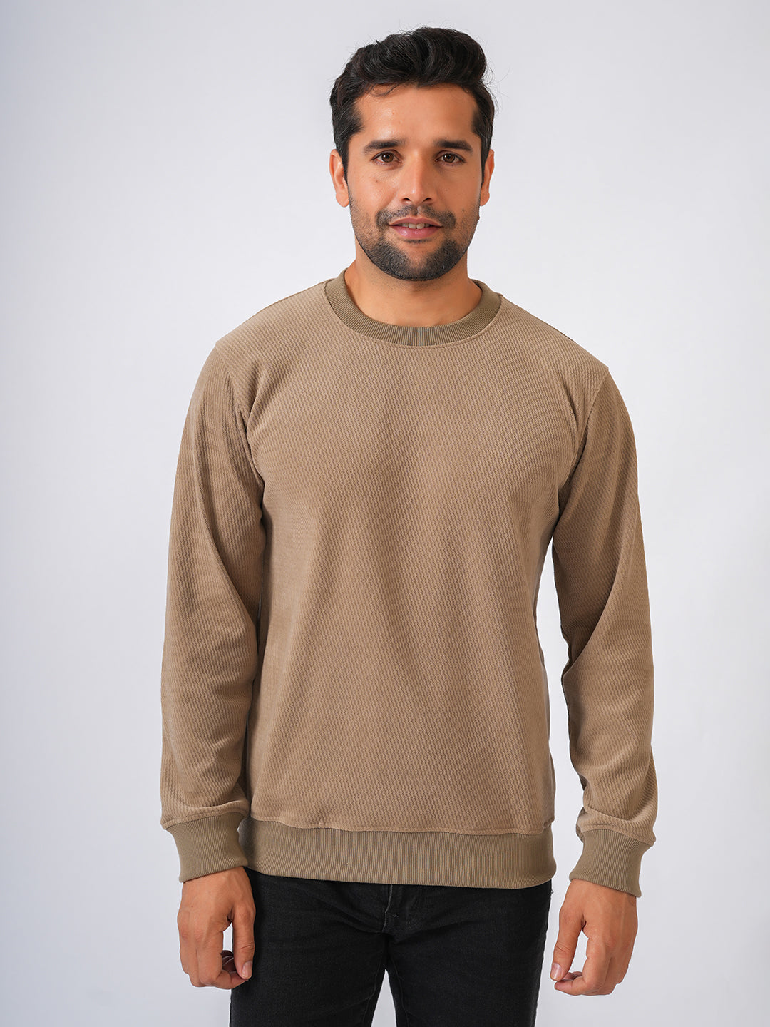 Fawn Solid textured Sweat Knit Pullover-Sweater