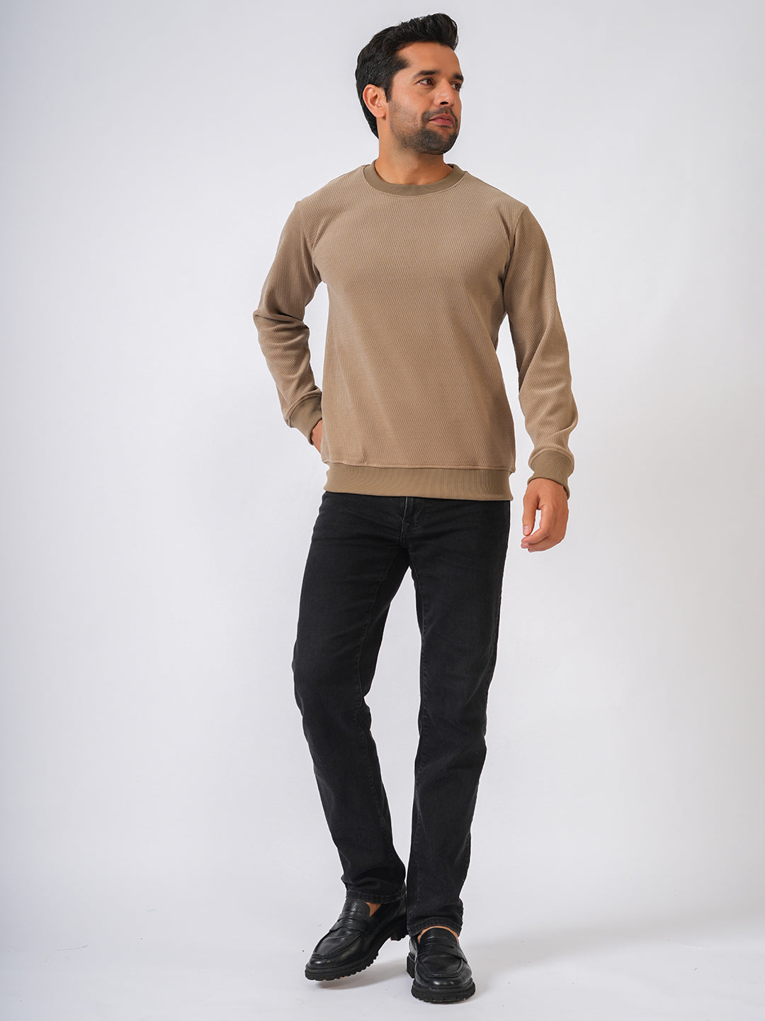 Fawn Solid textured Sweat Knit Pullover-Sweater