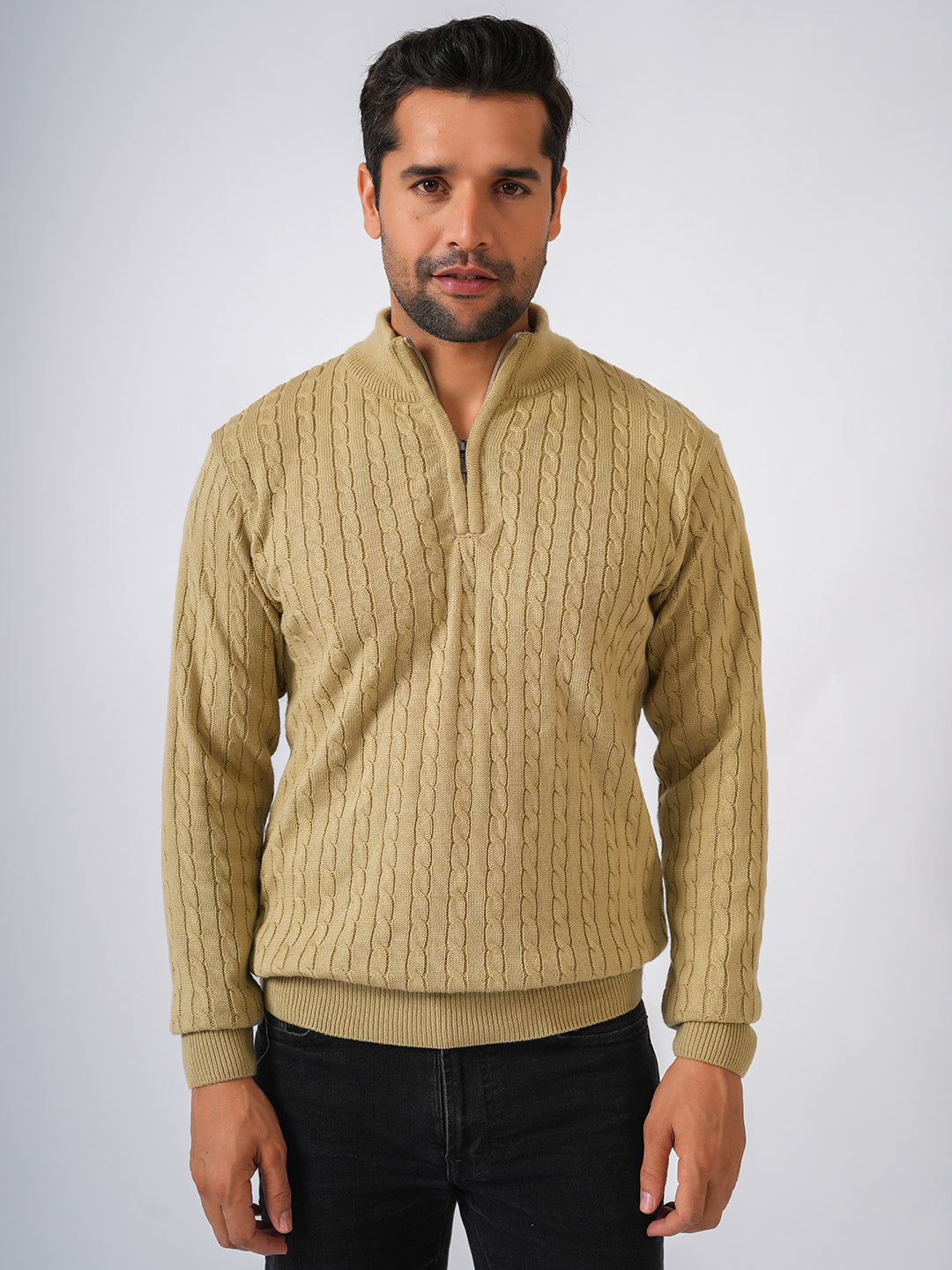 Fawn Solid Ribbed Zip-Top Pullover-Sweater