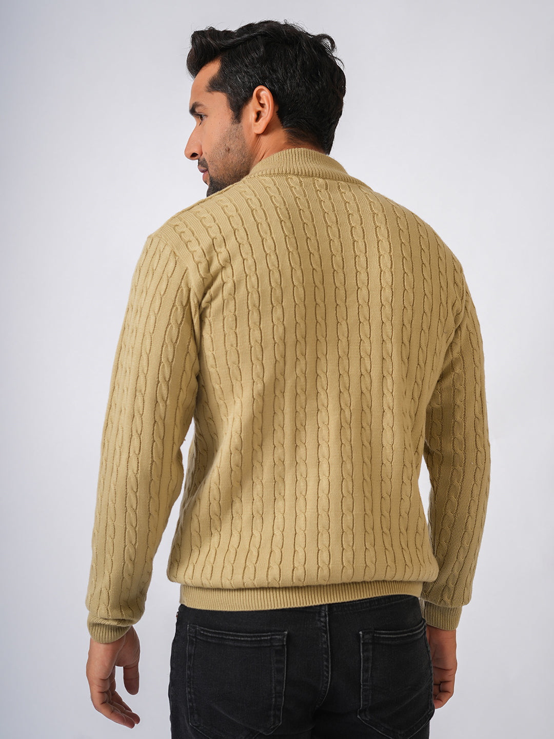 Fawn Solid Ribbed Zip-Top Pullover-Sweater