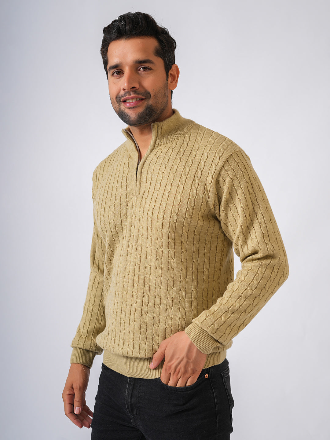 Fawn Solid Ribbed Zip-Top Pullover-Sweater