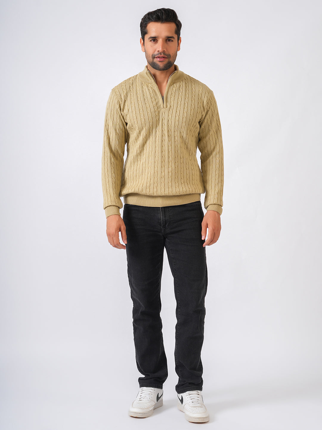 Fawn Solid Ribbed Zip-Top Pullover-Sweater