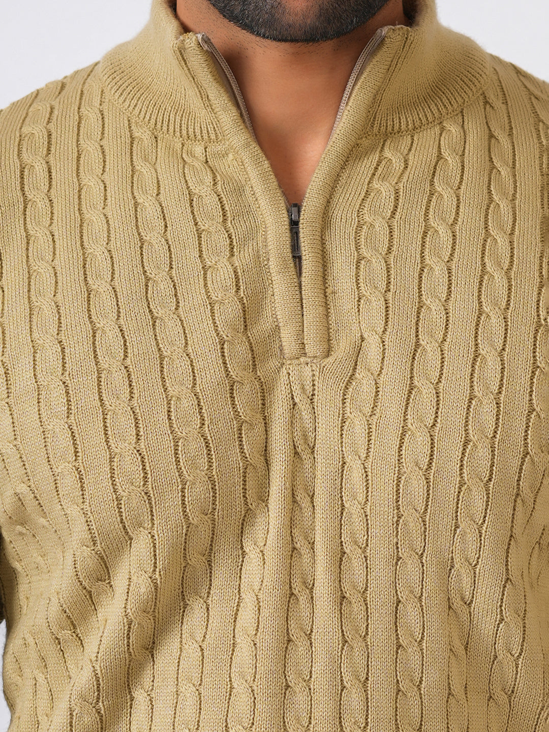 Fawn Solid Ribbed Zip-Top Pullover-Sweater