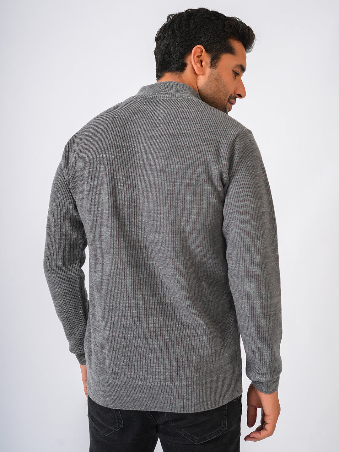 Grey Solid Ribbed Zip-Top Pullover-Sweater