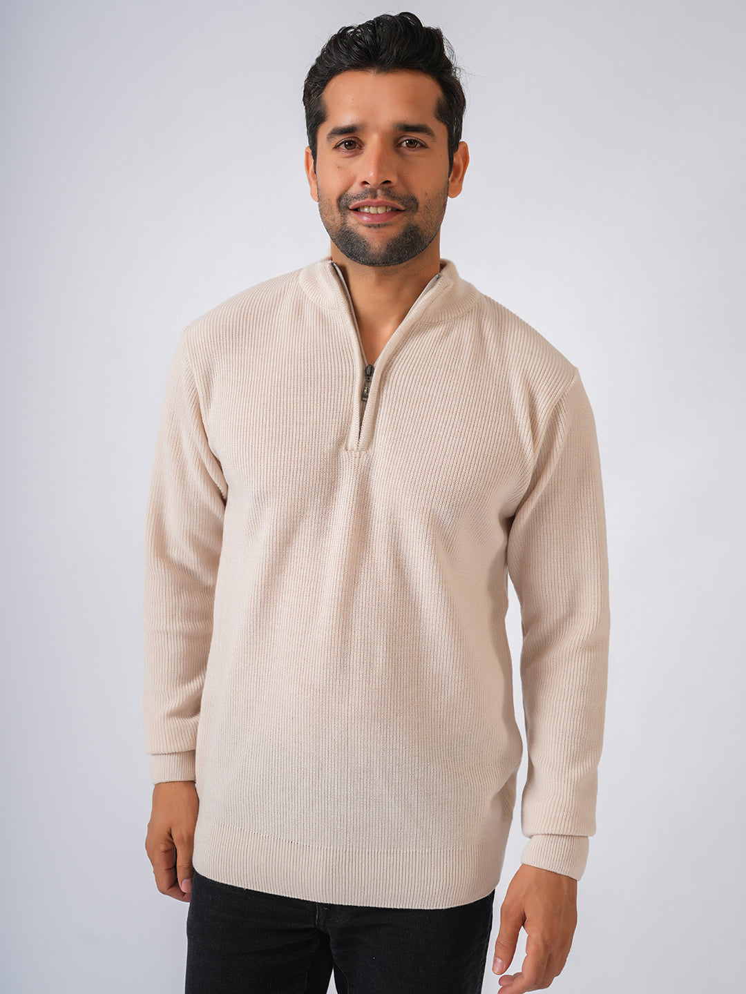Ivory Solid Ribbed Zip-Top Pullover-Sweater