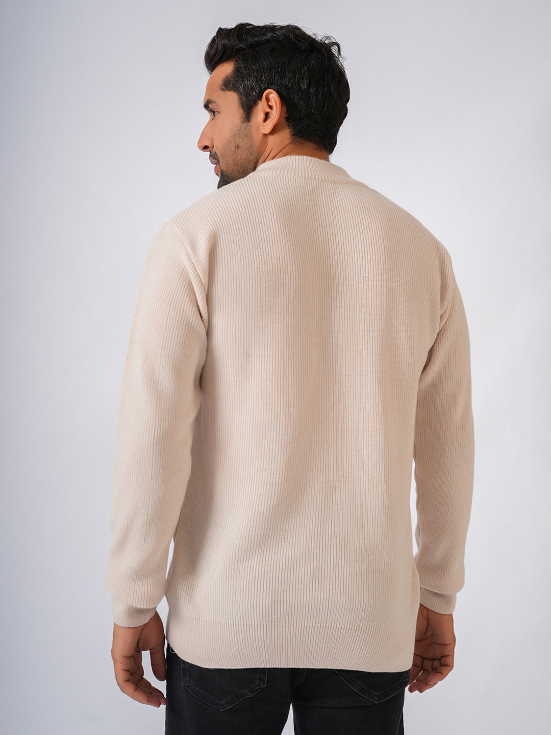 Ivory Solid Ribbed Zip-Top Pullover-Sweater