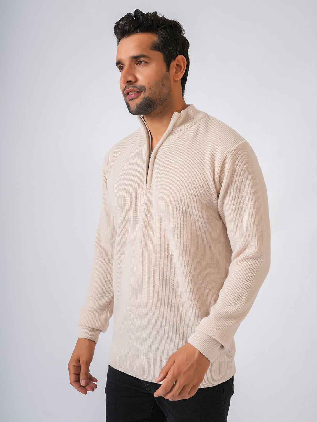 Ivory Solid Ribbed Zip-Top Pullover-Sweater