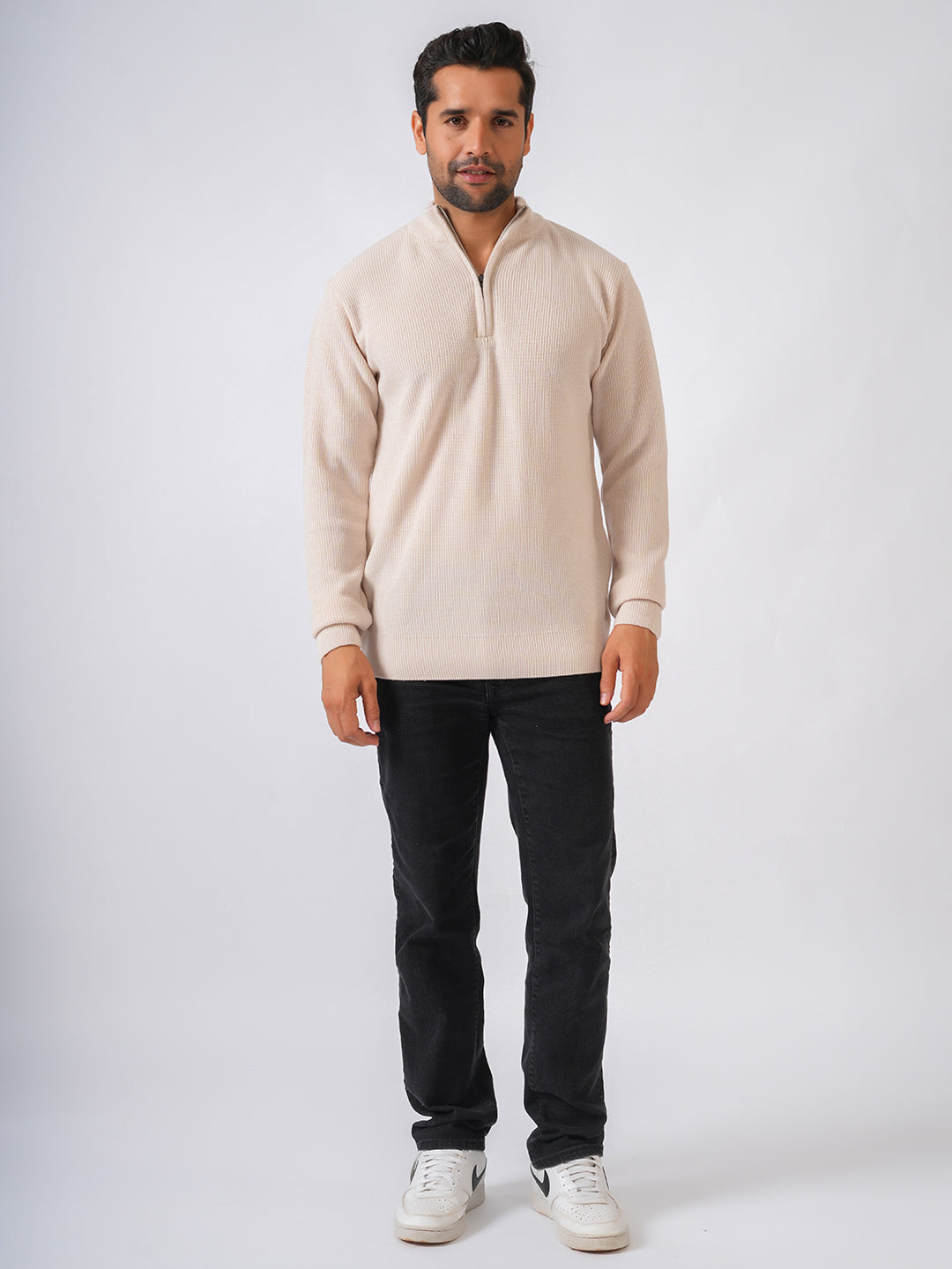 Ivory Solid Ribbed Zip-Top Pullover-Sweater