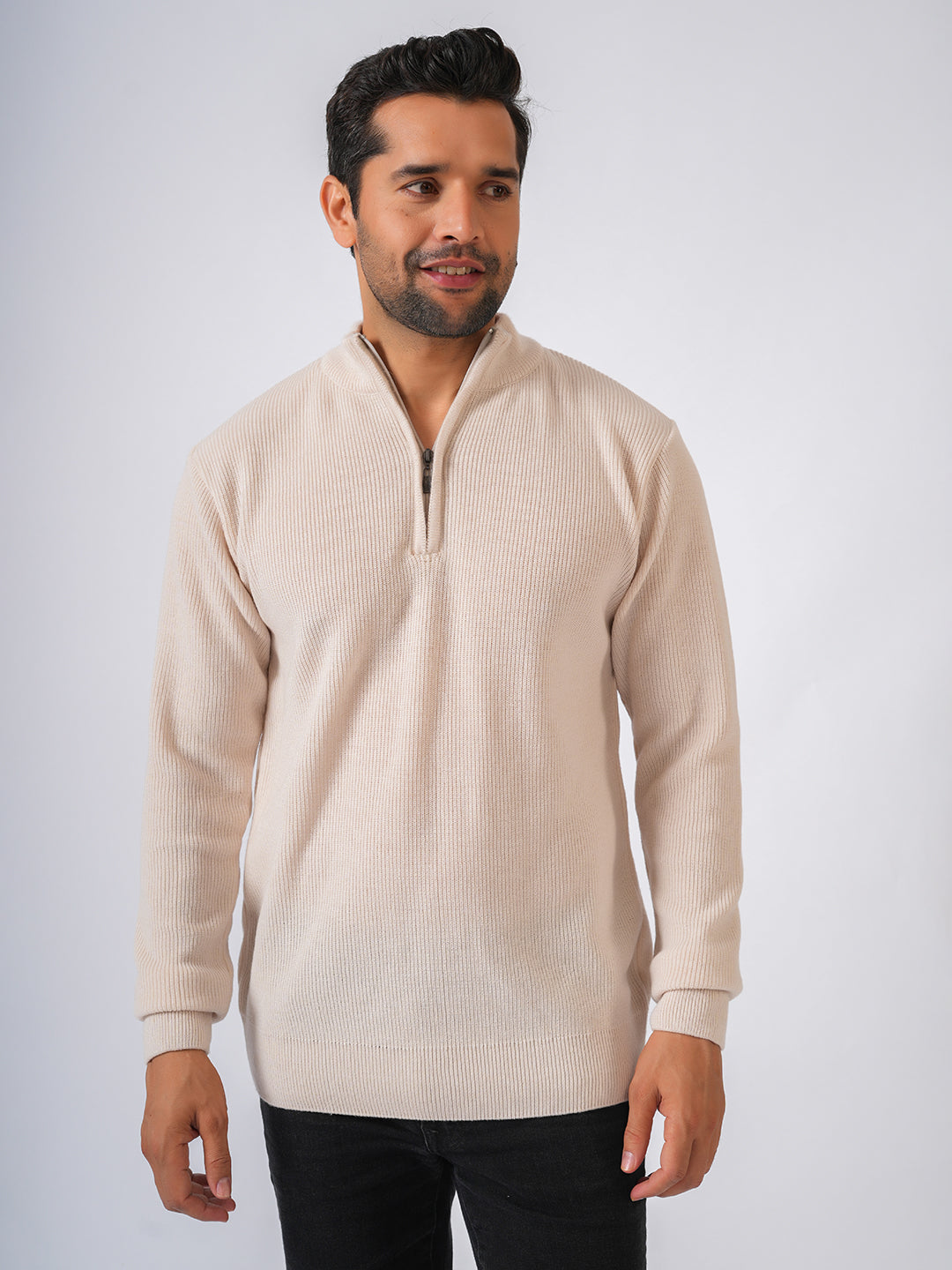 Ivory Solid Ribbed Zip-Top Pullover-Sweater