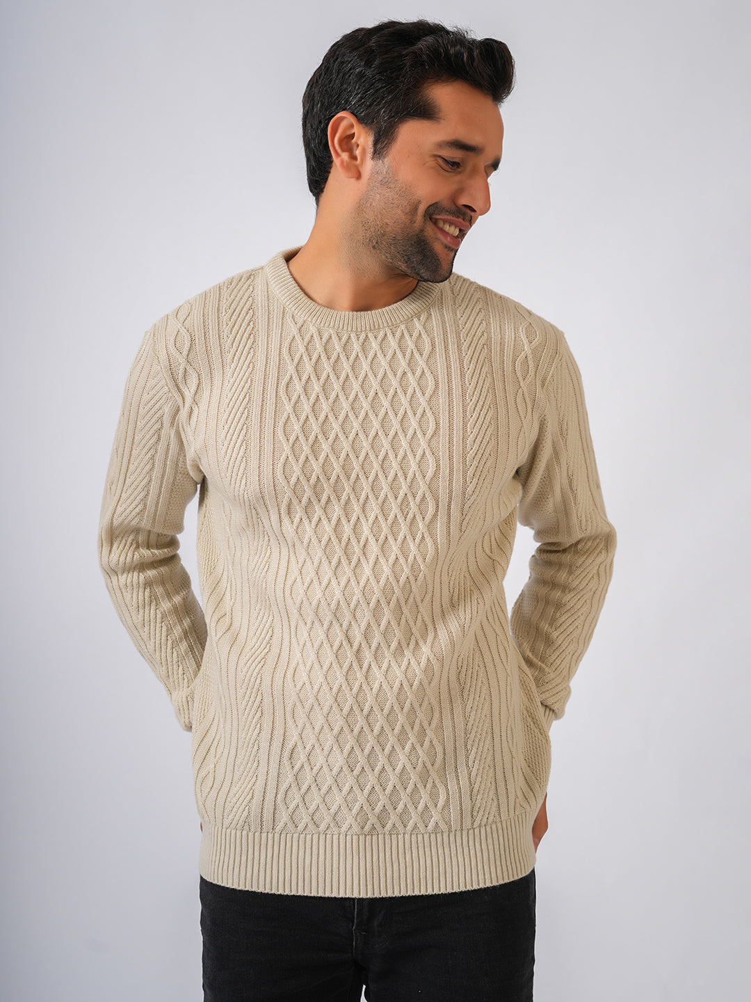 Ivory Solid Cable Knit Self Designed Pullover-Sweater
