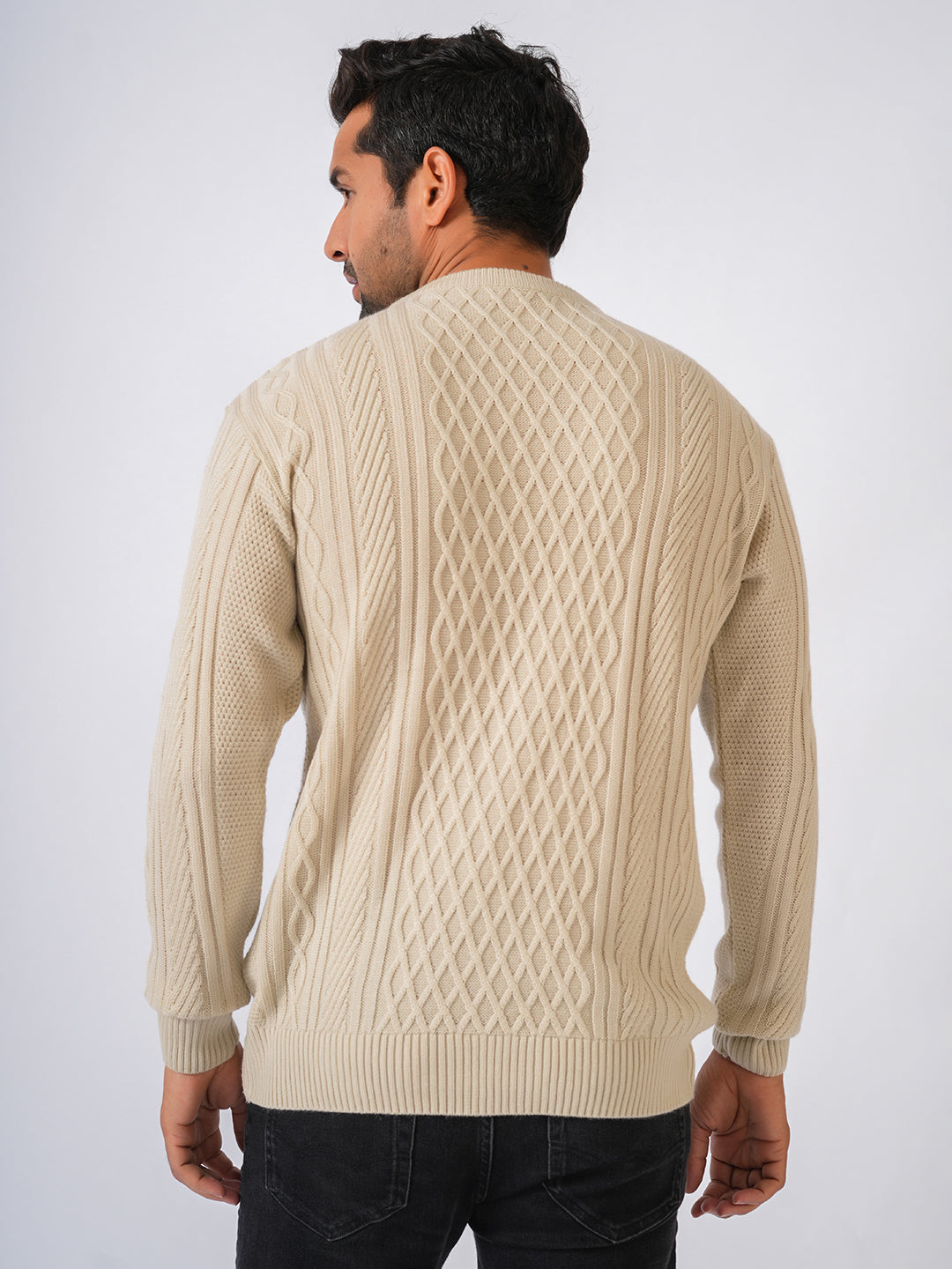 Ivory Solid Cable Knit Self Designed Pullover-Sweater