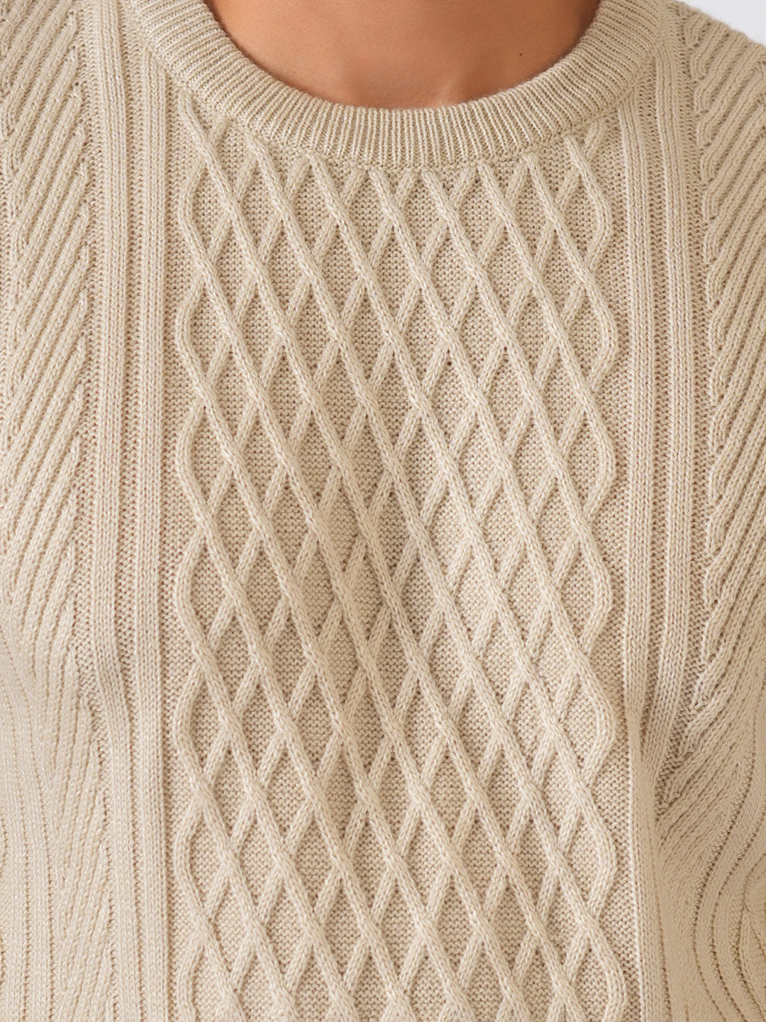 Ivory Solid Cable Knit Self Designed Pullover-Sweater