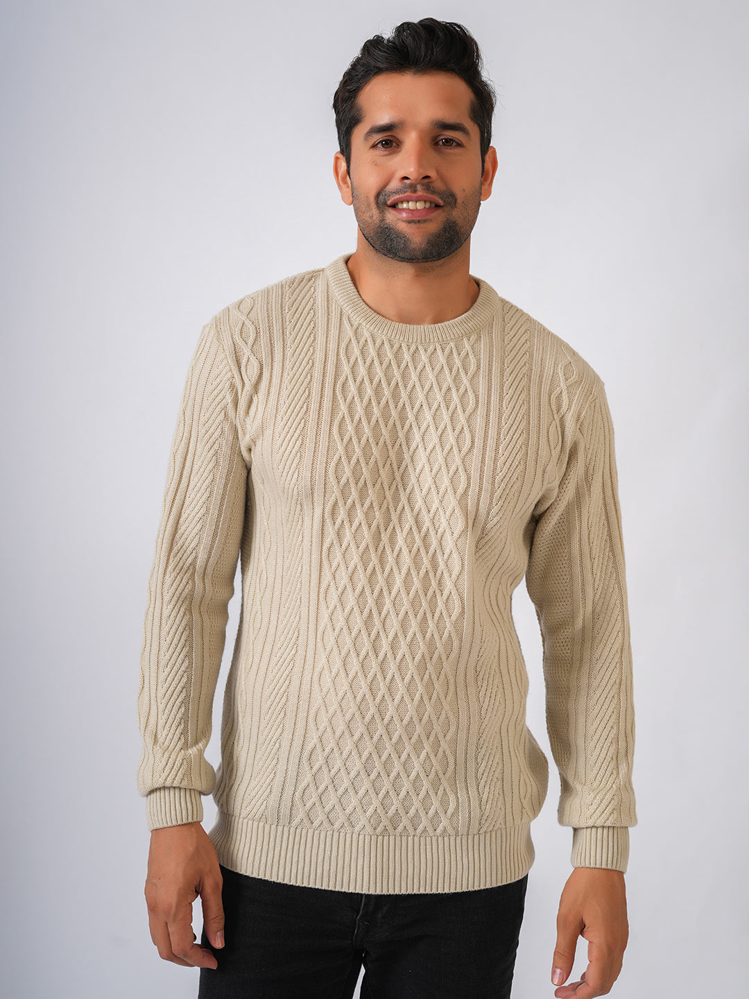 Ivory Solid Cable Knit Self Designed Pullover-Sweater