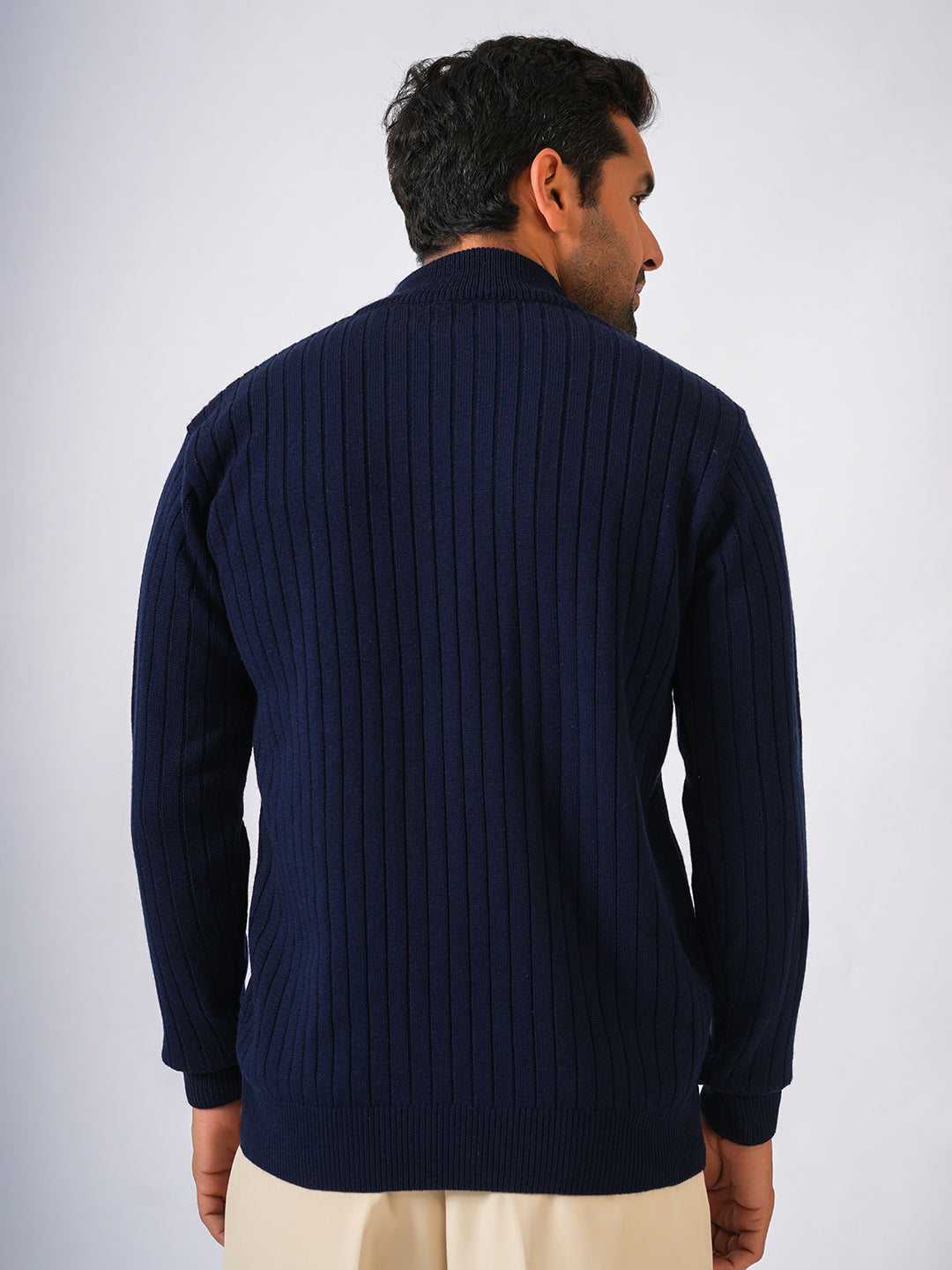 Navy Blue Solid Ribbed Full Zipper Pullover-Sweater