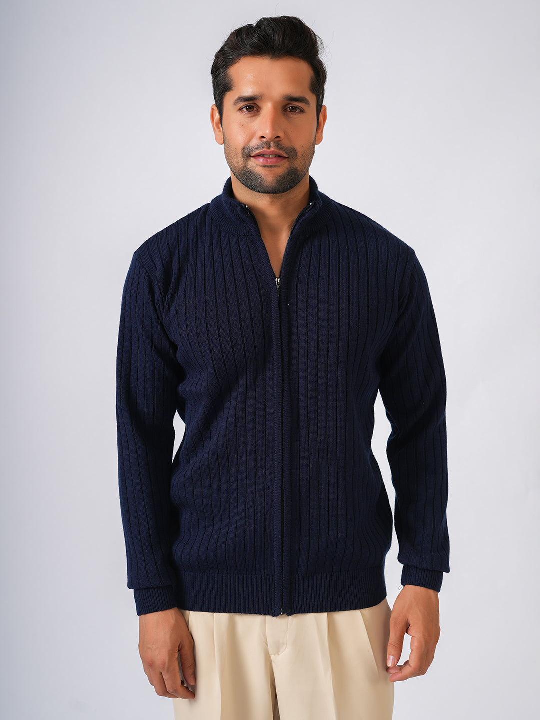 Navy Blue Solid Ribbed Full Zipper Pullover-Sweater