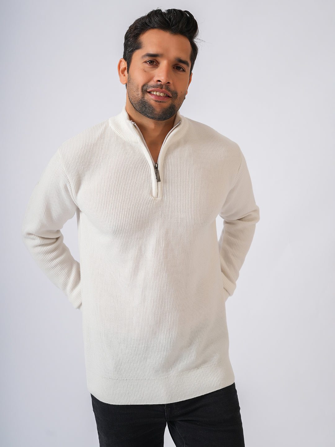 White Solid Ribbed Zip-Top Pullover-Sweater