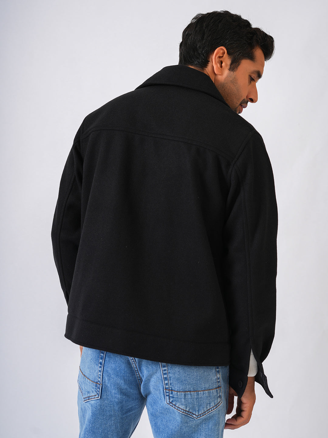 Black Solid Woolen Crop Jacket