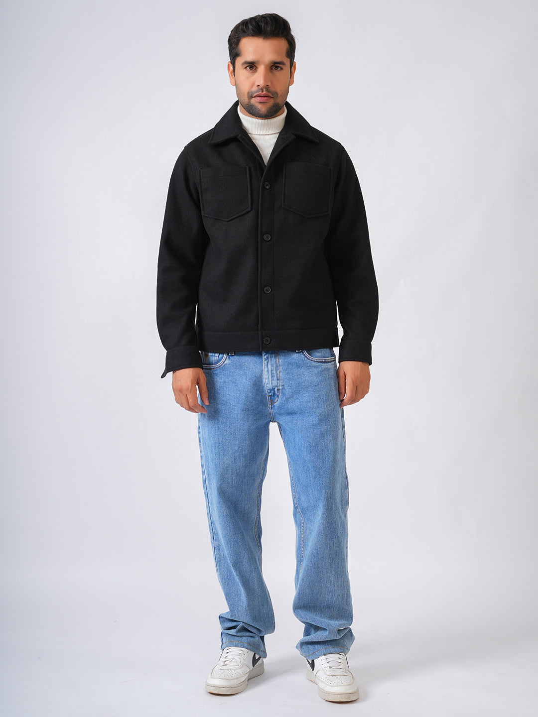 Black Solid Woolen Crop Jacket