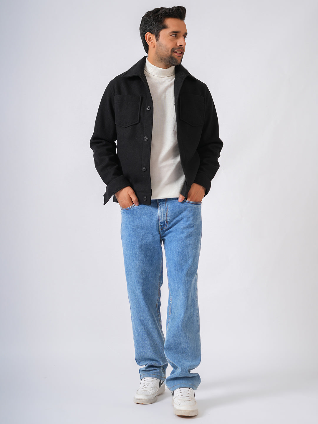 Black Solid Woolen Crop Jacket